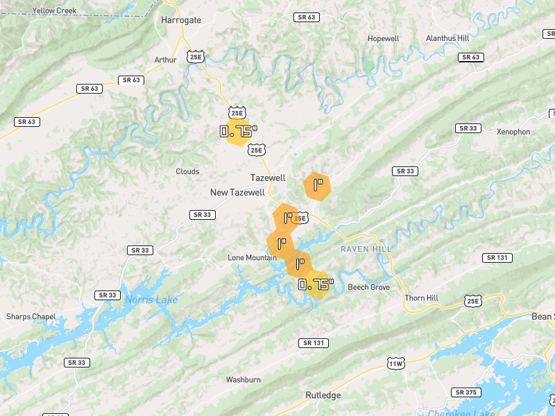 Hail map of Tazewell, TN on Jul 4, 2026, hail up to 1"