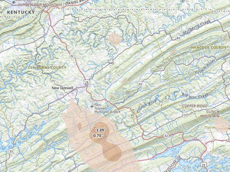 Radar-estimated hail-size map of the storm over Tazewell, TN on Jul 28, 2026