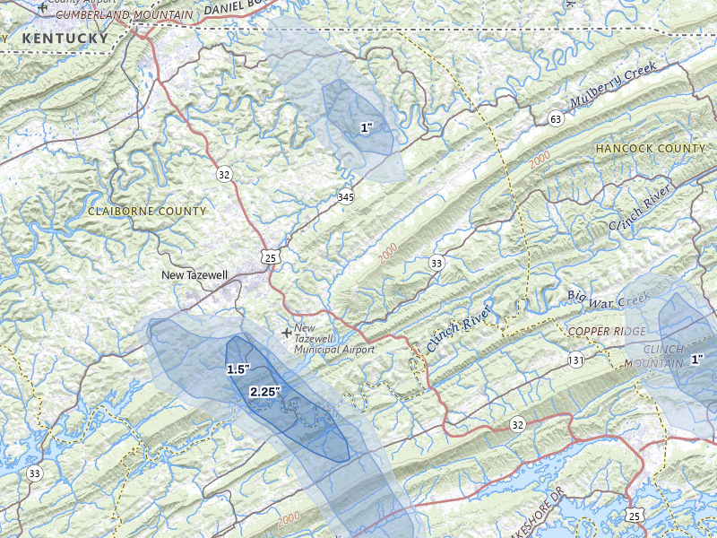 NEXRAD radar-signature map of the hail over Tazewell, TN