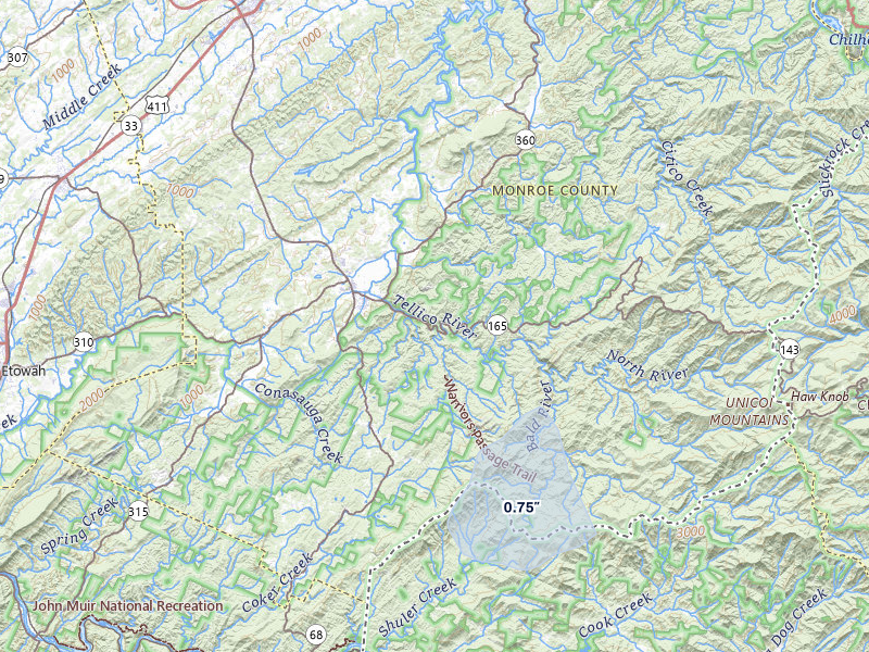 NEXRAD radar-signature map of the hail over Tellico Plains, TN