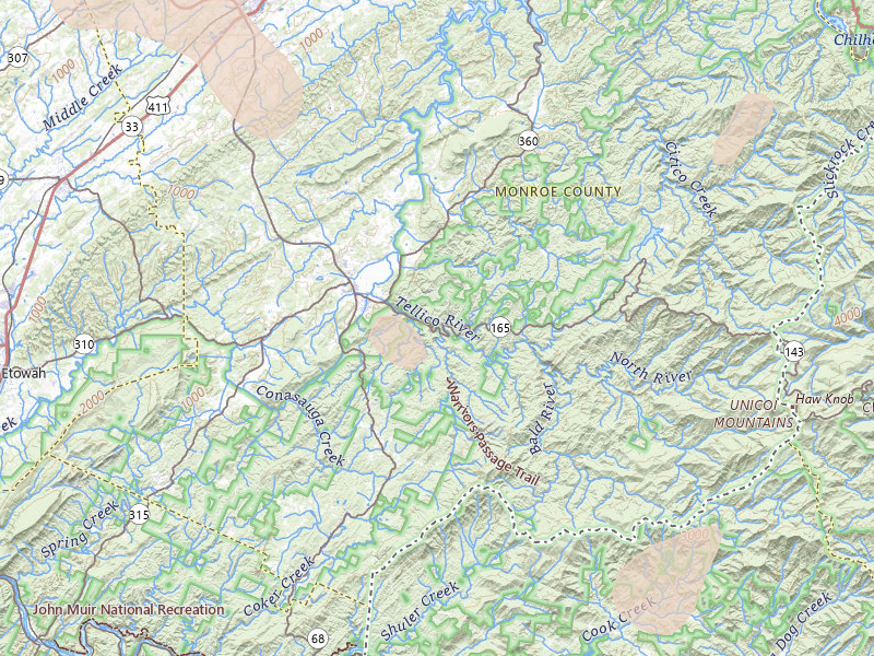 Radar-estimated hail-size map of the storm over Tellico Plains, TN on Jul 3, 2026