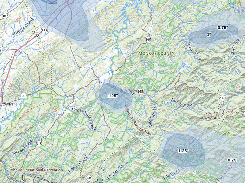 NEXRAD radar-signature map of the hail storm over Tellico Plains, TN on Jul 3, 2026