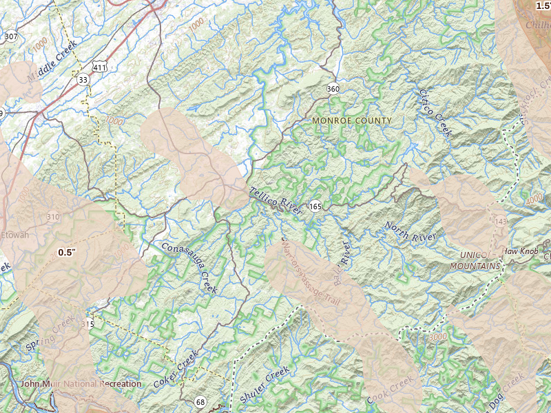 Radar-estimated hail-size map of the storm over Tellico Plains, TN on Jul 28, 2026