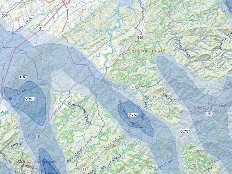 NEXRAD radar-signature map of the hail storm over Tellico Plains, TN on Jul 28, 2026