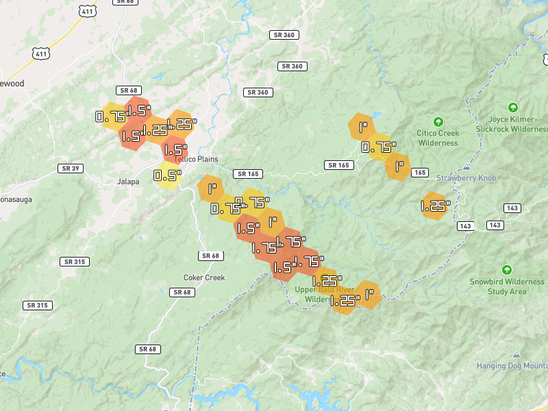 Hail map of Tellico Plains, TN on Jul 28, 2026, hail up to 1.75"