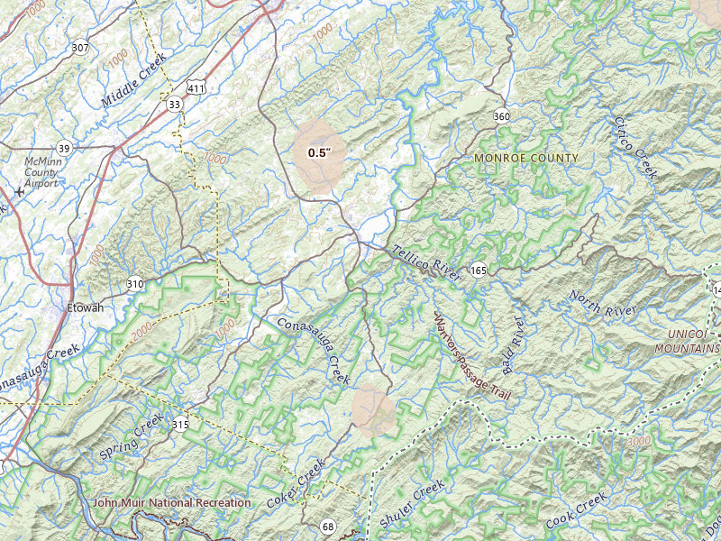 Radar-estimated hail-size map of the storm over Tellico Plains, TN