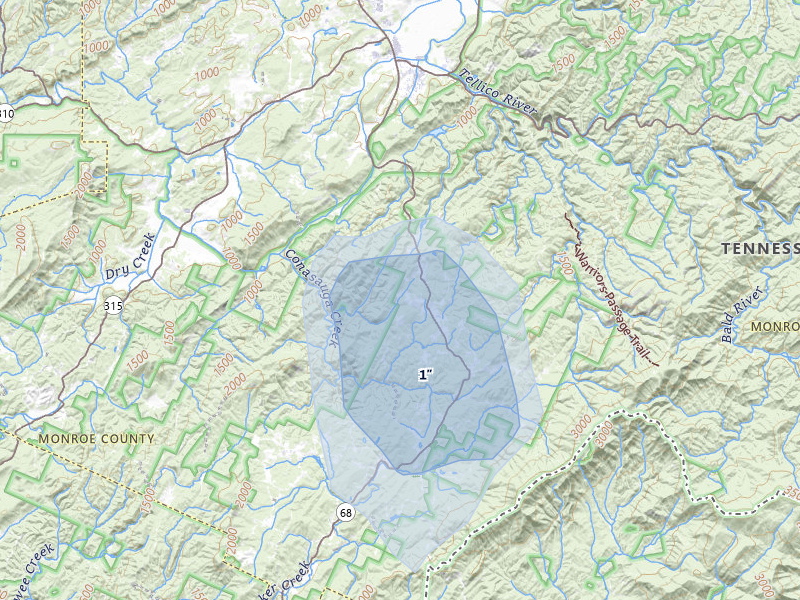 NEXRAD radar-signature map of the hail storm over Tellico Plains, TN on Sep 5, 2026