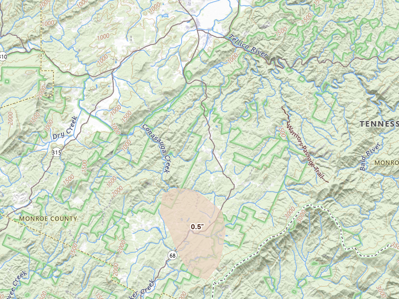 Radar-estimated hail-size map of the storm over Tellico Plains, TN