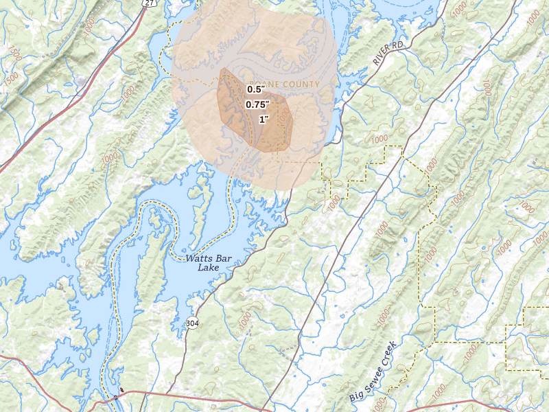 Radar-estimated hail-size map of the storm over Ten Mile, TN