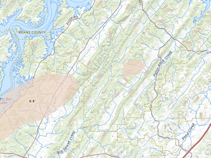 Radar-estimated hail-size map of the storm over Ten Mile, TN on Aug 20, 2026