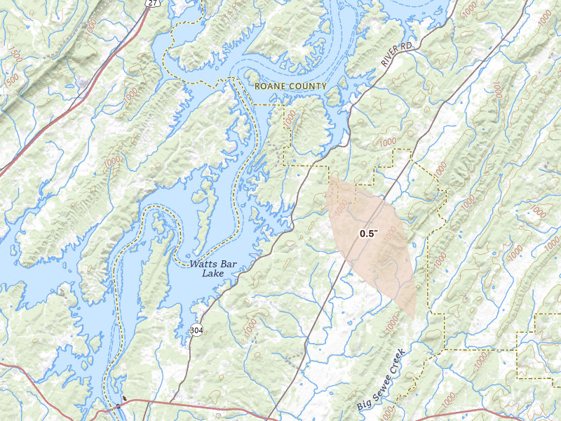 Radar-estimated hail-size map of the storm over Ten Mile, TN on Aug 21, 2026