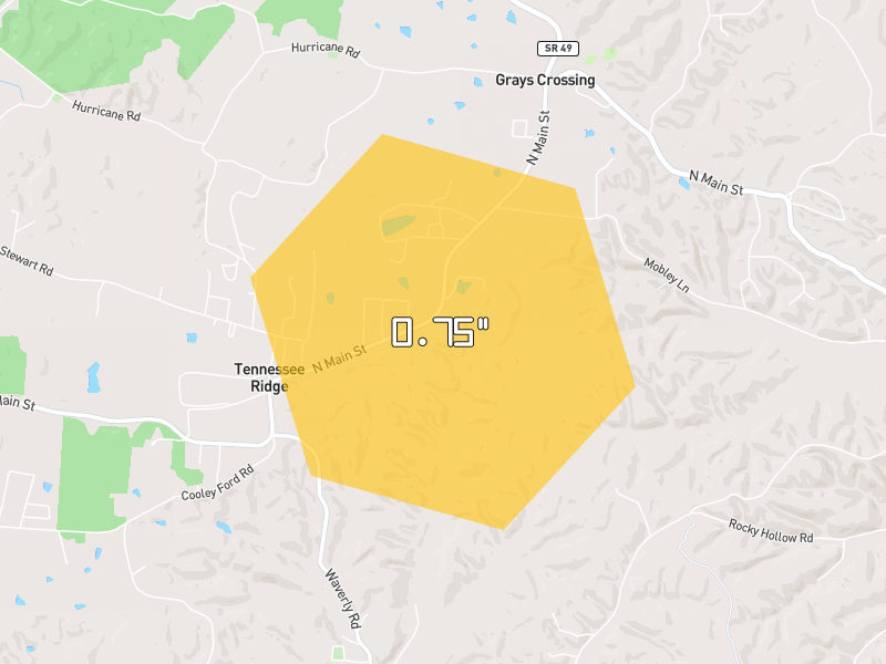 Hail map of Tennessee Ridge, TN on Jun 1, 2026, hail up to 0.75"