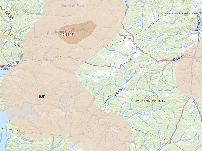 Radar-estimated hail-size map of the storm over Tennessee Ridge, TN on Jul 2, 2026