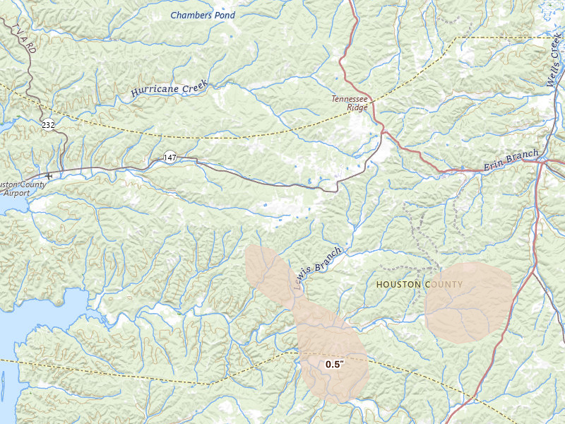 Radar-estimated hail-size map of the storm over Tennessee Ridge, TN on Jul 3, 2026