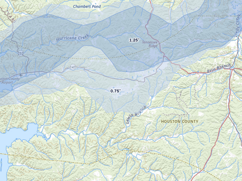 NEXRAD radar-signature map of the hail storm over Tennessee Ridge, TN on Jul 5, 2026