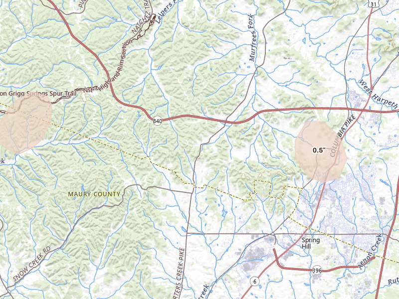 Radar-estimated hail-size map of the storm over Thompsons Station, TN on Jul 2, 2026