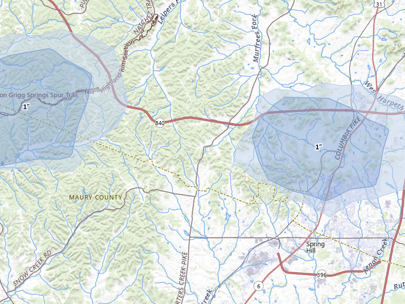 NEXRAD radar-signature map of the hail over Thompsons Station, TN