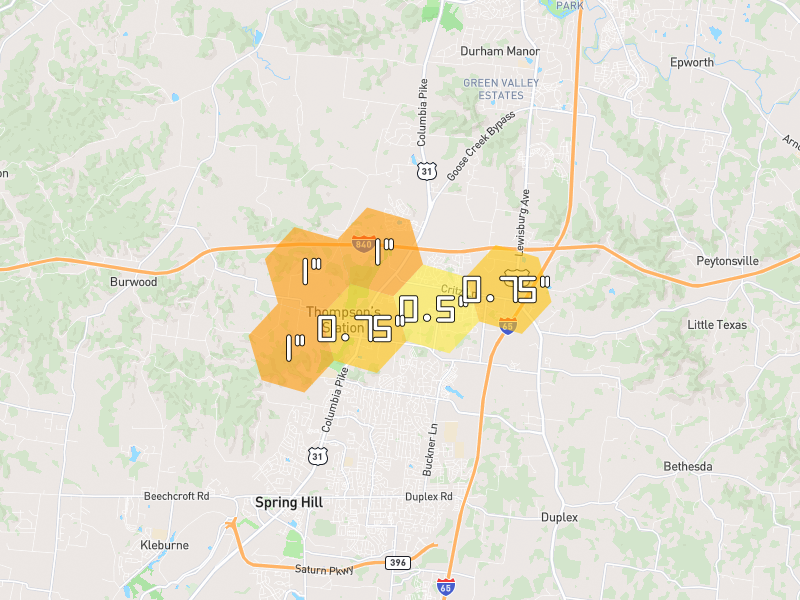 Hail map of Thompsons Station, TN on Jul 2, 2026, hail up to 1"