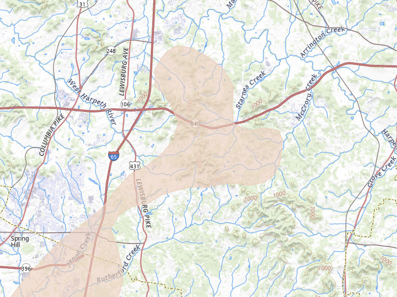 Radar-estimated hail-size map of the storm over Thompsons Station, TN on Aug 7, 2026