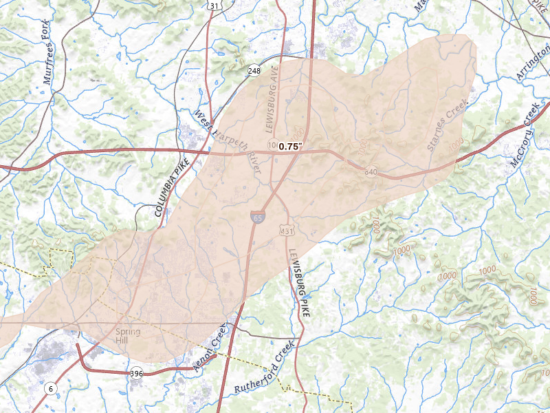 Radar-estimated hail-size map of the storm over Thompsons Station, TN on Aug 8, 2026