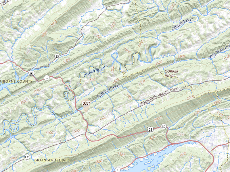 Radar-estimated hail-size map of the storm over Thorn Hill, TN on Jun 12, 2026