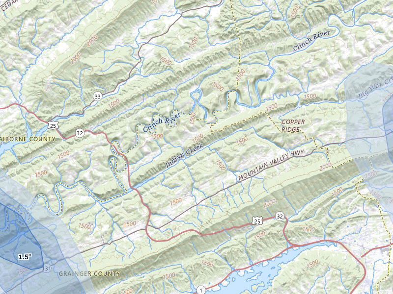 NEXRAD radar-signature map of the hail storm over Thorn Hill, TN on Jul 28, 2026