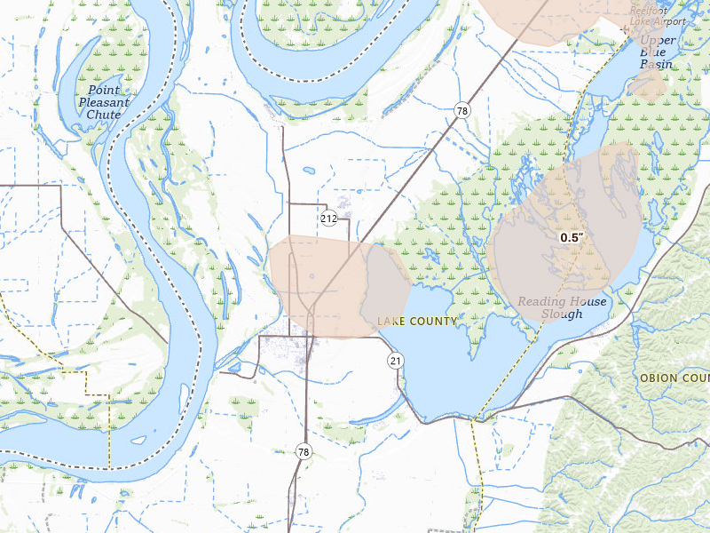 Radar-estimated hail-size map of the storm over Tiptonville, TN on Jun 9, 2026