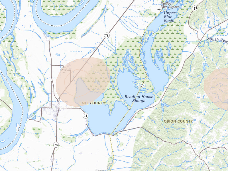 Radar-estimated hail-size map of the storm over Tiptonville, TN on Aug 8, 2026