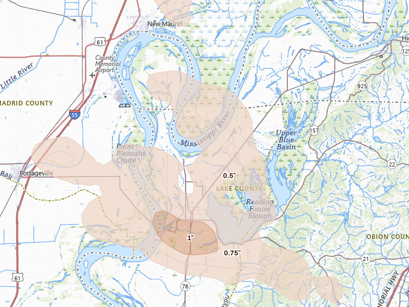 Radar-estimated hail-size map of the storm over Tiptonville, TN on Aug 26, 2026