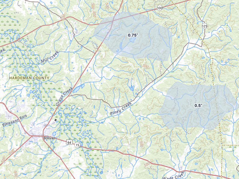 NEXRAD radar-signature map of the hail storm over Toone, TN on Mar 15, 2026