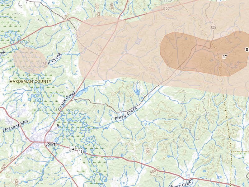 Radar-estimated hail-size map of the storm over Toone, TN on Apr 27, 2026