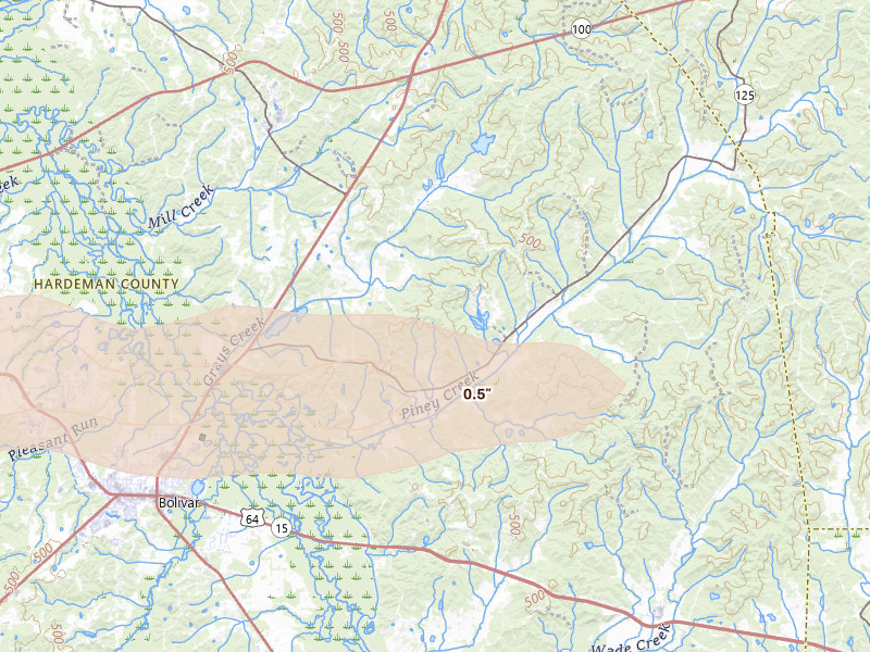 Radar-estimated hail-size map of the storm over Toone, TN on May 5, 2026