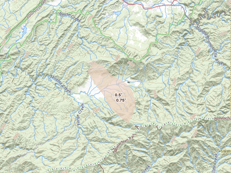 Radar-estimated hail-size map of the storm over Townsend, TN on Jun 28, 2026