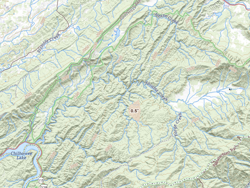 Radar-estimated hail-size map of the storm over Townsend, TN on Aug 5, 2026