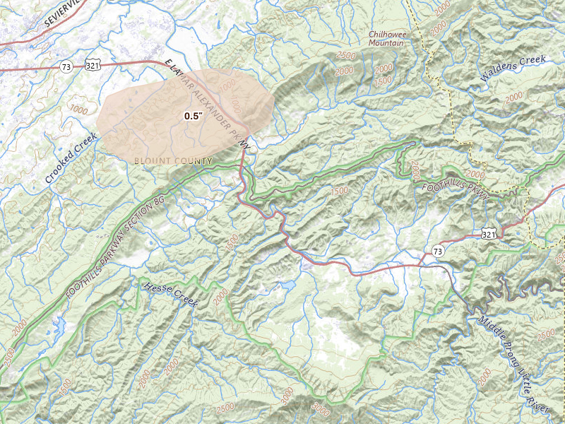 Radar-estimated hail-size map of the storm over Townsend, TN on Aug 9, 2026