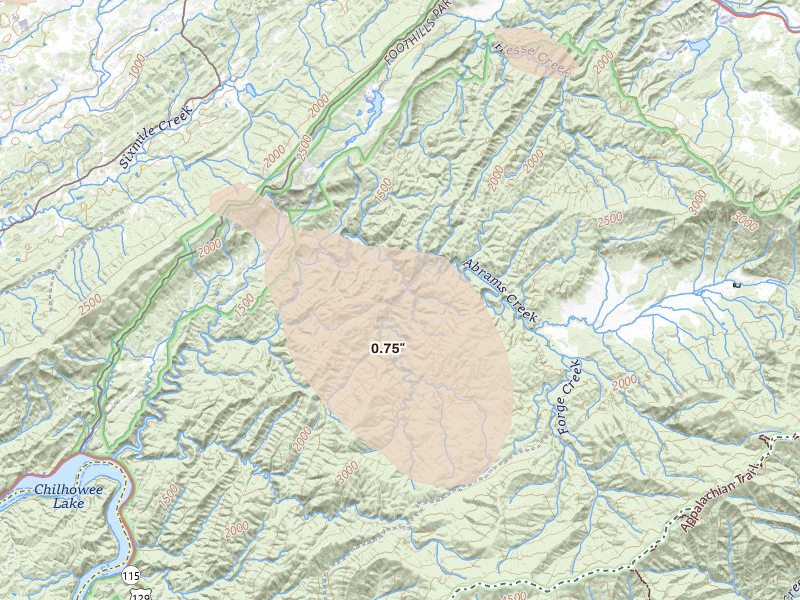 Radar-estimated hail-size map of the storm over Townsend, TN on Aug 11, 2026
