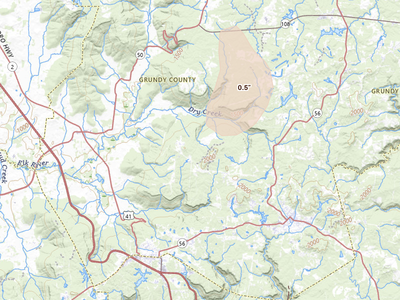 Radar-estimated hail-size map of the storm over Tracy City, TN on Jun 9, 2026