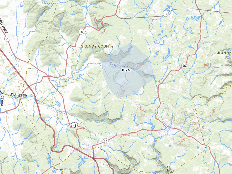 NEXRAD radar-signature map of the hail storm over Tracy City, TN on Jun 9, 2026