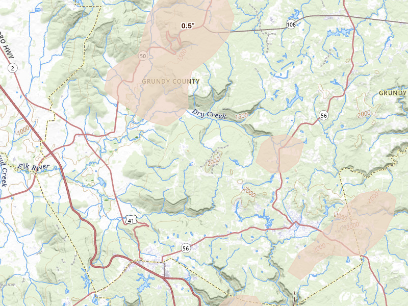 Radar-estimated hail-size map of the storm over Tracy City, TN on Jul 3, 2026