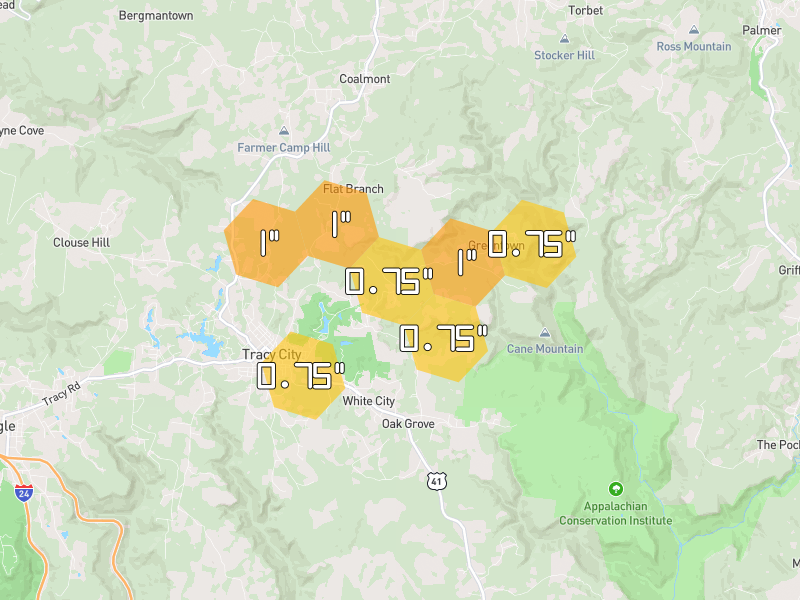 Hail map of Tracy City, TN on Jul 3, 2026, hail up to 1"