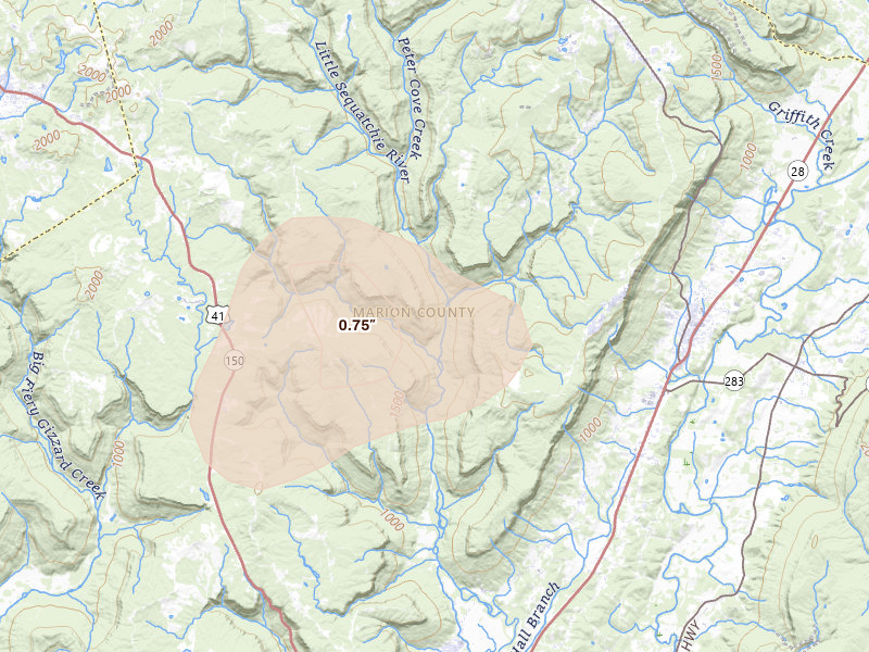 Radar-estimated hail-size map of the storm over Tracy City, TN on Aug 20, 2026
