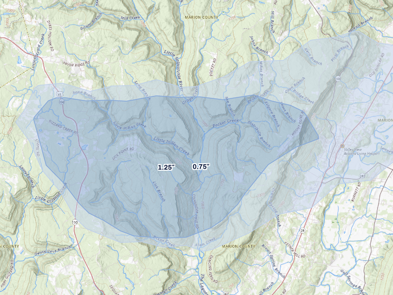 NEXRAD radar-signature map of the hail storm over Tracy City, TN on Aug 20, 2026
