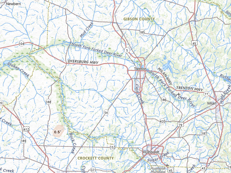 Radar-estimated hail-size map of the storm over Trenton, TN on Jun 12, 2026