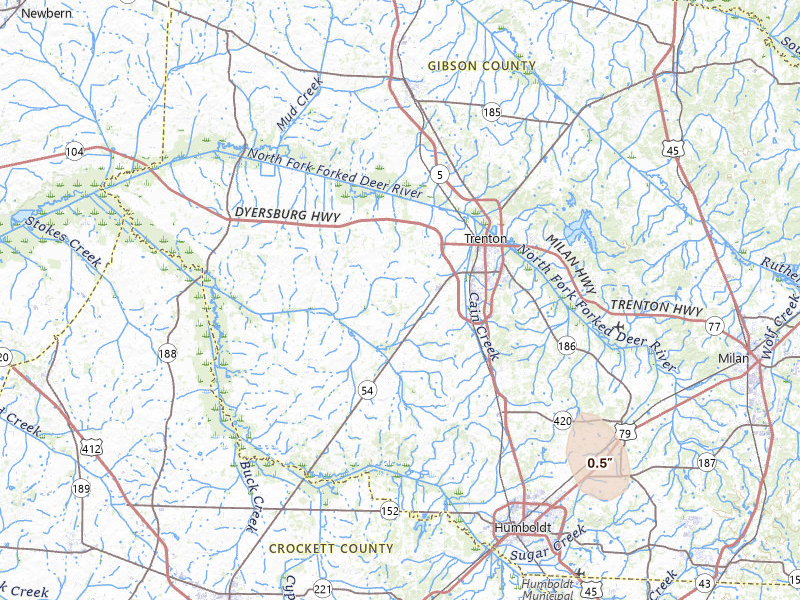 Radar-estimated hail-size map of the storm over Trenton, TN on Jul 1, 2026