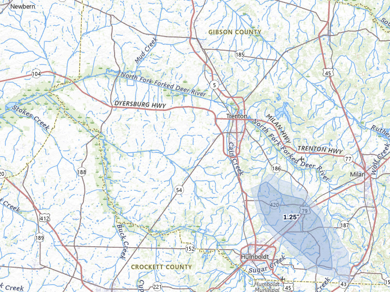 NEXRAD radar-signature map of the hail storm over Trenton, TN on Jul 1, 2026