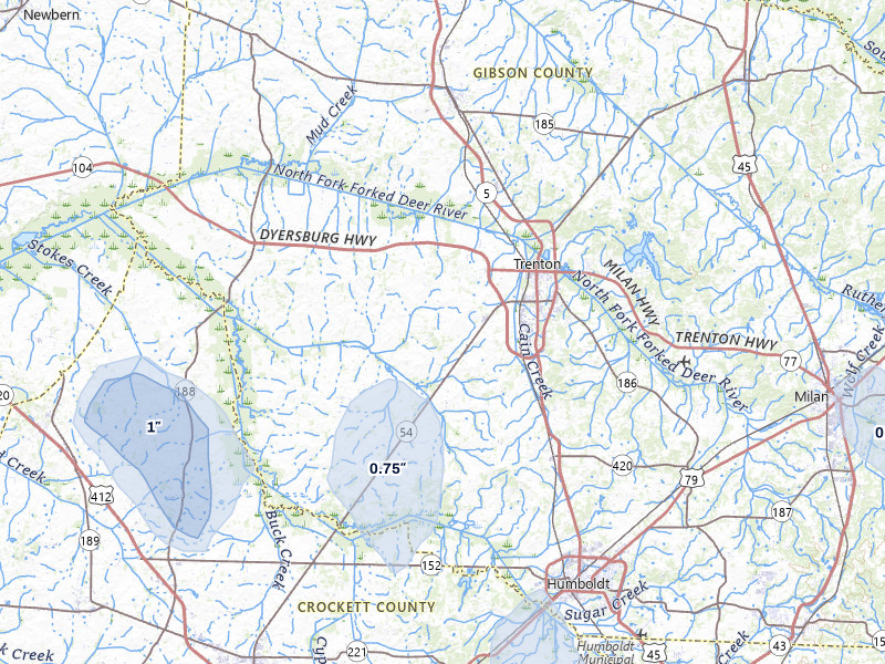NEXRAD radar-signature map of the hail storm over Trenton, TN on Jul 3, 2026