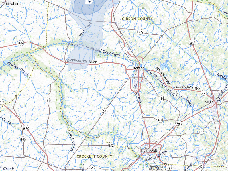 NEXRAD radar-signature map of the hail over Trenton, TN