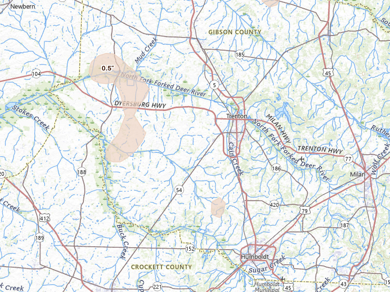 Radar-estimated hail-size map of the storm over Trenton, TN on Jul 9, 2026