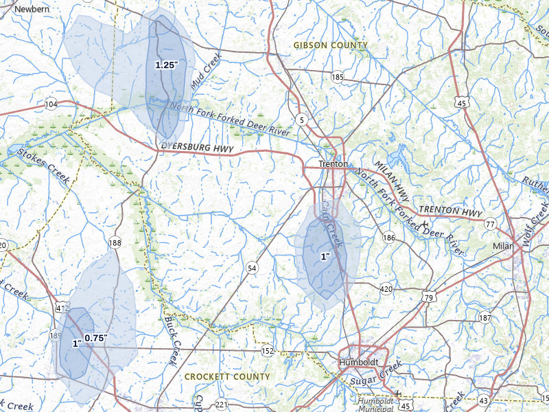 NEXRAD radar-signature map of the hail storm over Trenton, TN on Jul 9, 2026