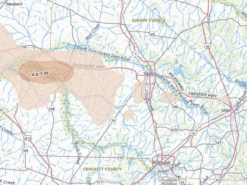 Radar-estimated hail-size map of the storm over Trenton, TN on Jul 11, 2026